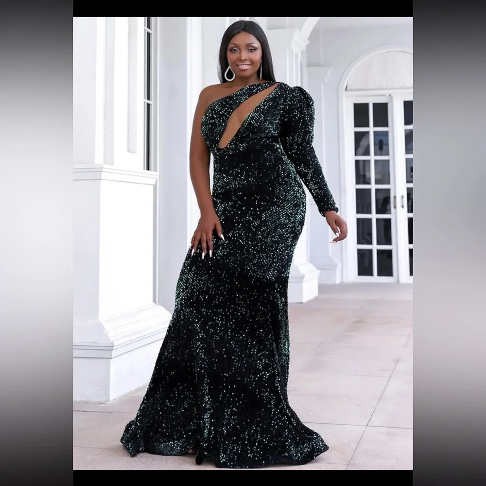 Seomiscky Plus Size One Shoulder Dress Green Sequin Dress - Picture 3 of 9